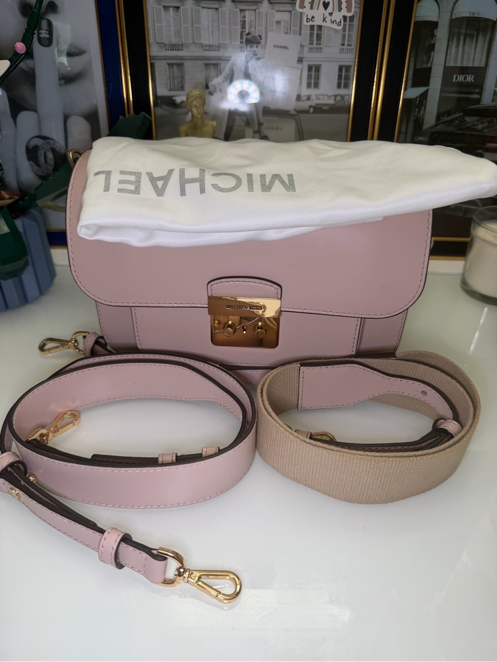 Michael Kors Pale Pink Leather Crossbody with Gold Hardware and 2 straps. - Picture 5 of 15
